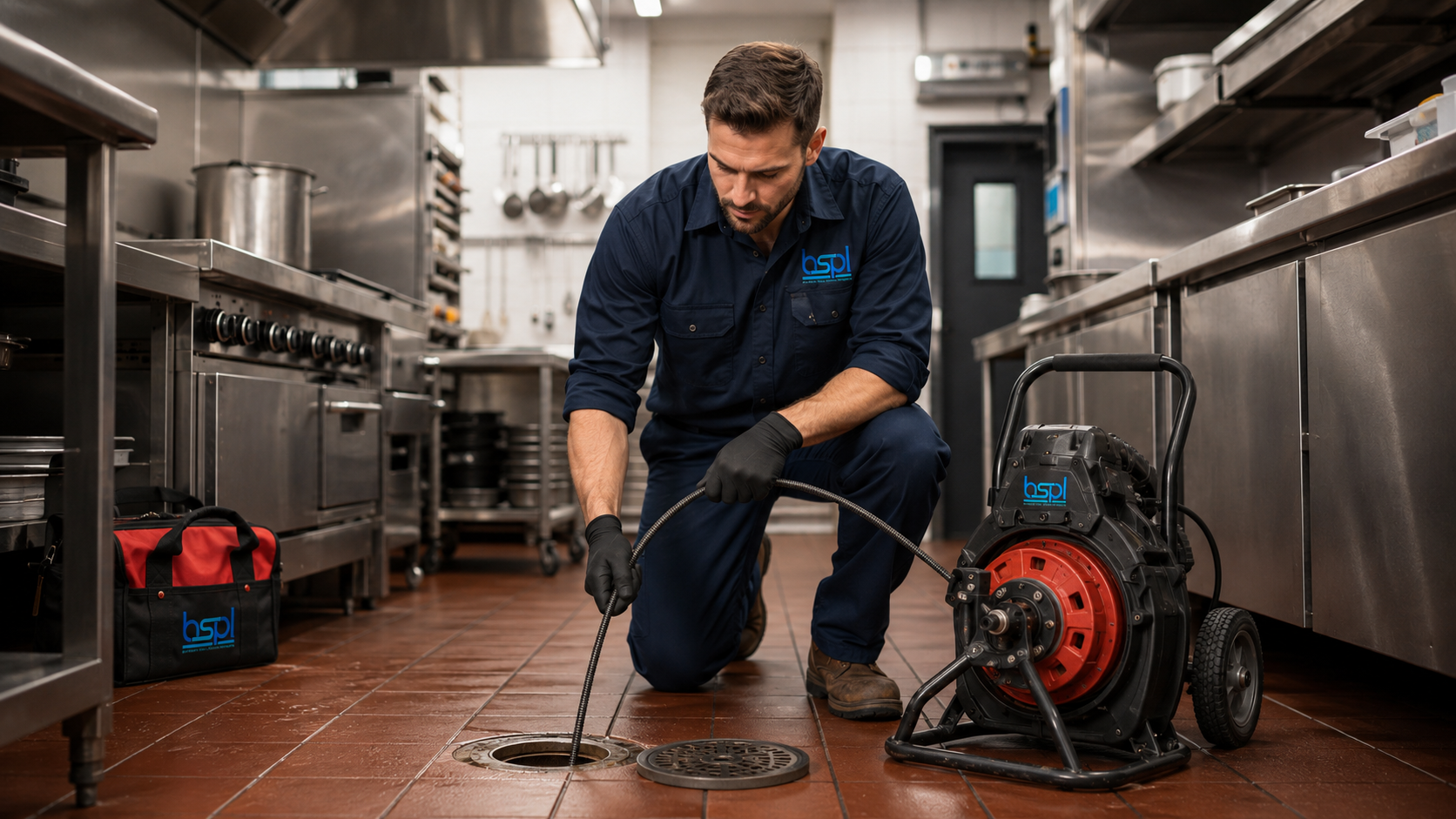 Blessed Solutions Plumbing technician hydro-jetting a grease-clogged commercial kitchen drain line in Orlando FL