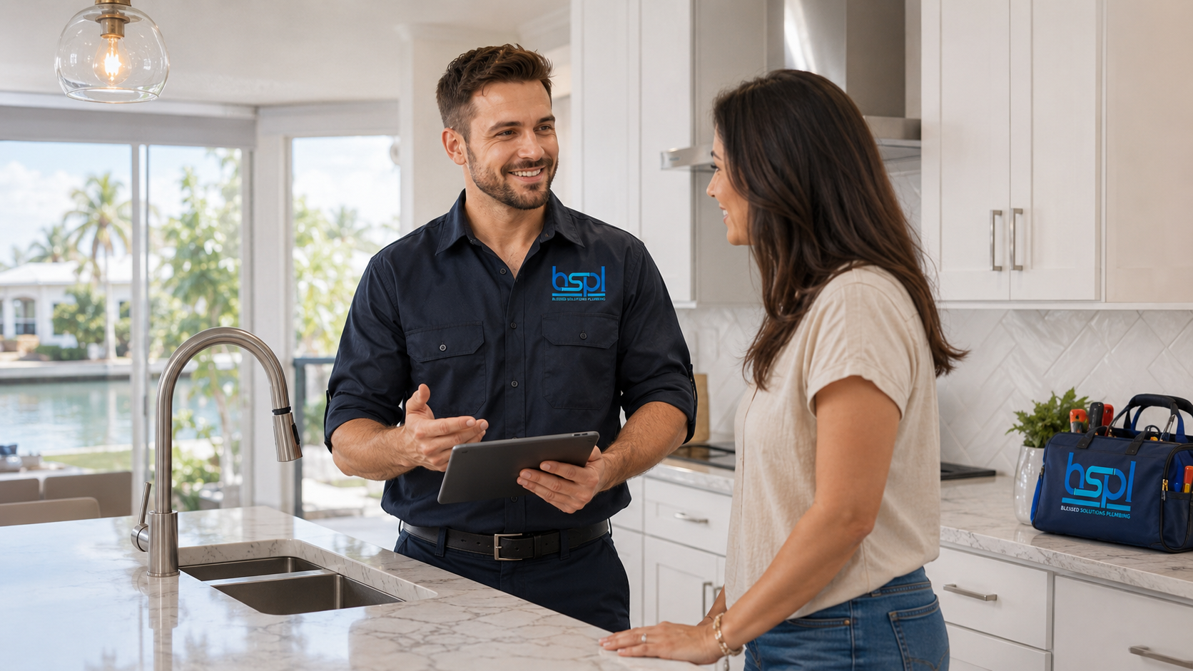 Blessed Solutions Plumbing technician explaining a drain inspection to a homeowner in Orlando FL
