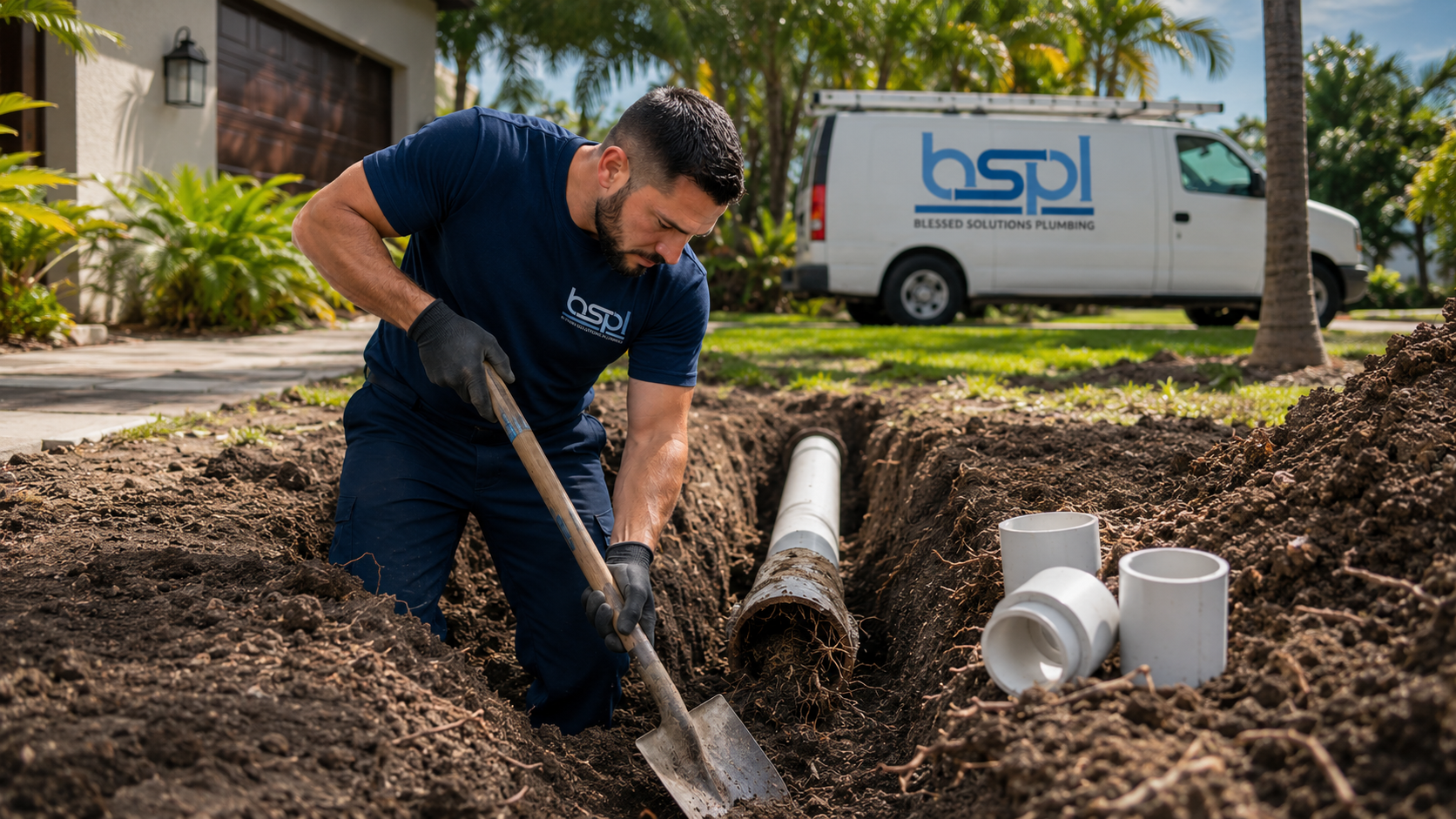 Blessed Solutions Plumbing technician performing sewer and drain hydro-jetting service next to a branded service van in Orlando FL