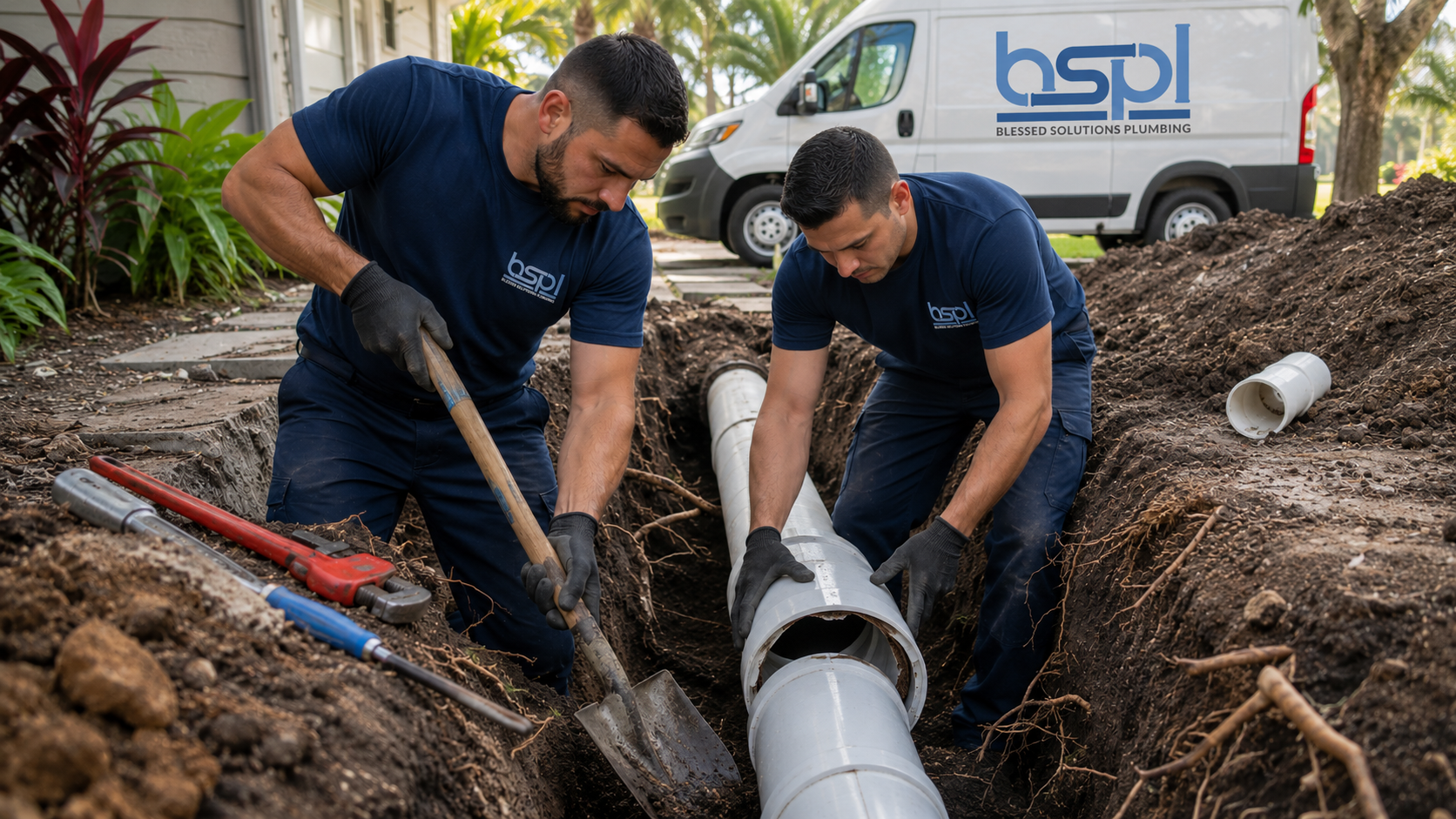 Two Blessed Solutions Plumbing technicians performing high-pressure sewer line hydro-jetting in Orlando FL