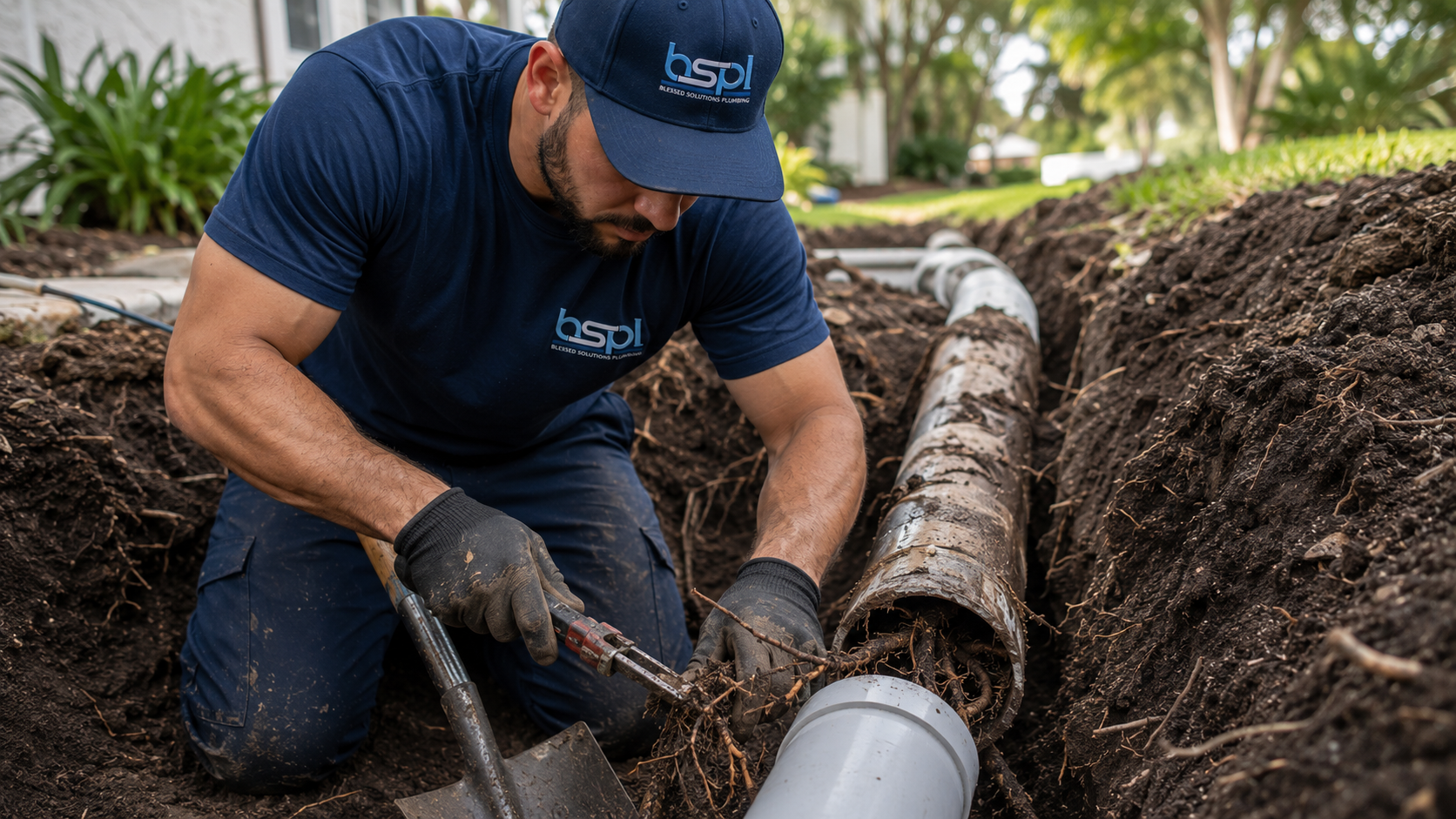 Hydro-jetting tree roots and sludge out of a residential sewer line in Central Florida