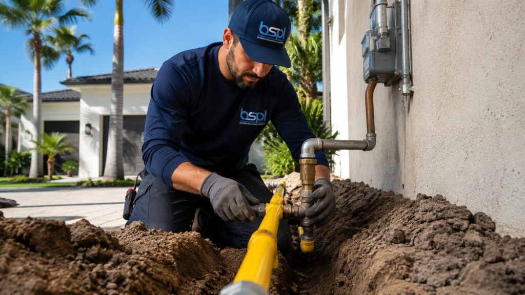 Gas Line Installation, Repair, and Troubleshooting: An Orlando Homeowner’s Guide 2 Underground polyethylene gas line being installed in a trench to feed an outdoor appliance in Orlando