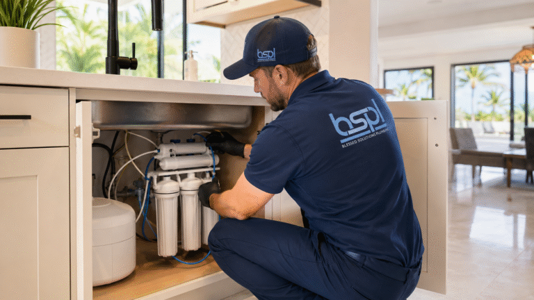 Licensed plumber handling water filtration system installation in Kissimmee FL