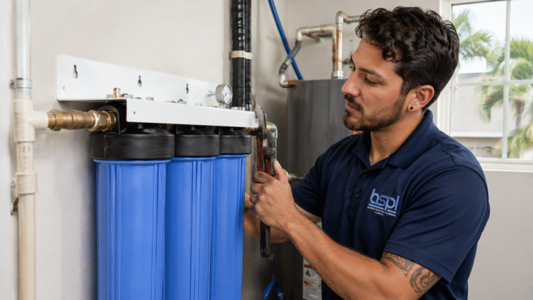 Blessed Solutions Plumbing technician performing water filtration system installation in Orlando FL