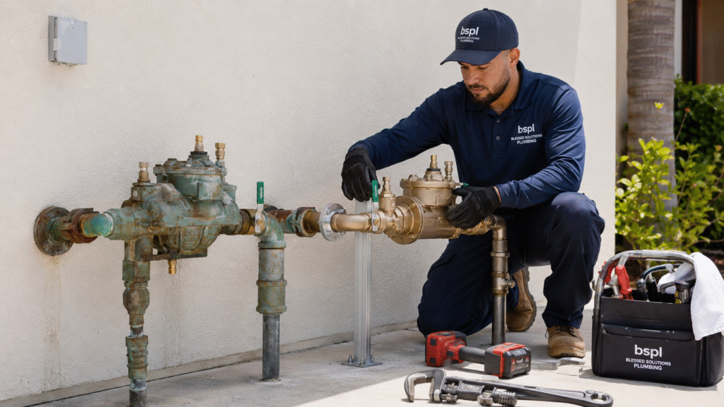 Blessed Solutions Plumbing installing an irrigation backflow preventer in Orlando FL