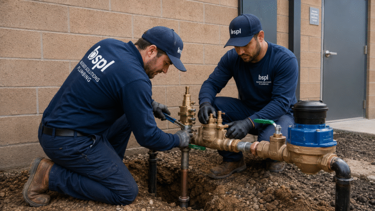Two Blessed Solutions Plumbing technicians testing a backflow assembly in Orlando FL