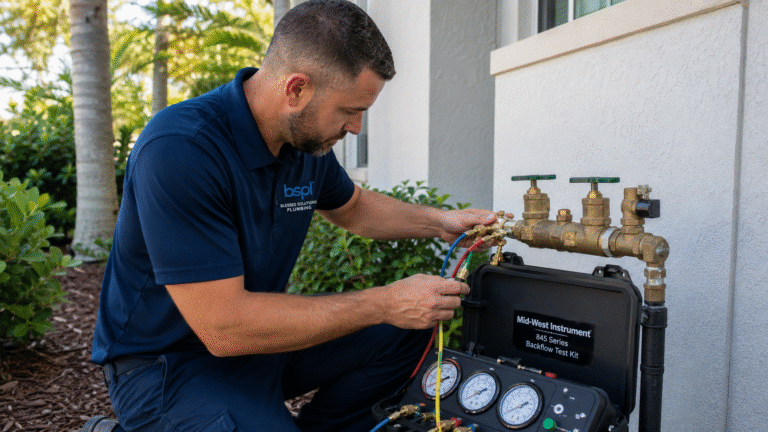 Blessed Solutions Plumbing technician explaining backflow certification to a property owner in Orlando FL