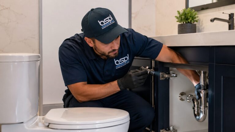 BSP1 plumber replacing a shut-off valve under a bathroom vanity