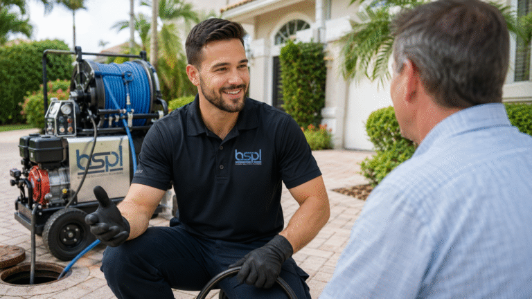 Blessed Solutions Plumbing technician hydro-jetting a grease-clogged commercial kitchen drain line in Orlando FL