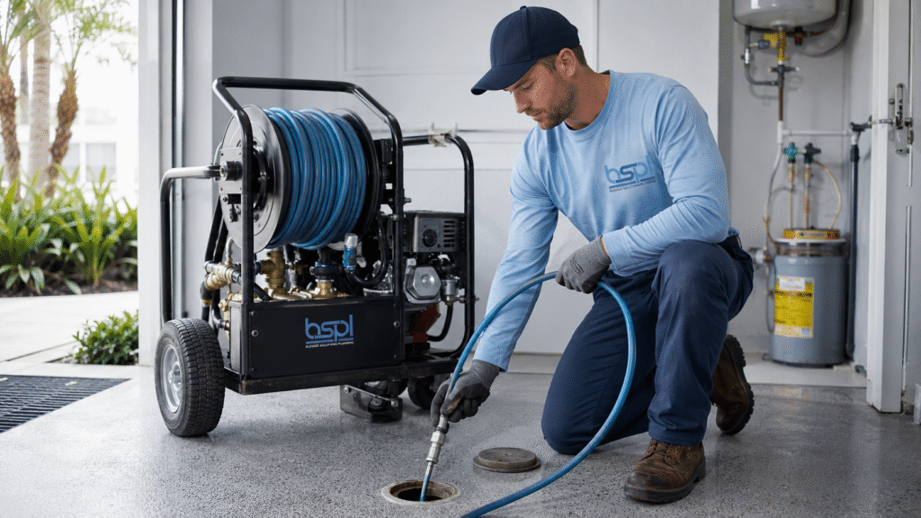 High-pressure water jetting removing mineral scale buildup from a sewer line in Kissimmee FL