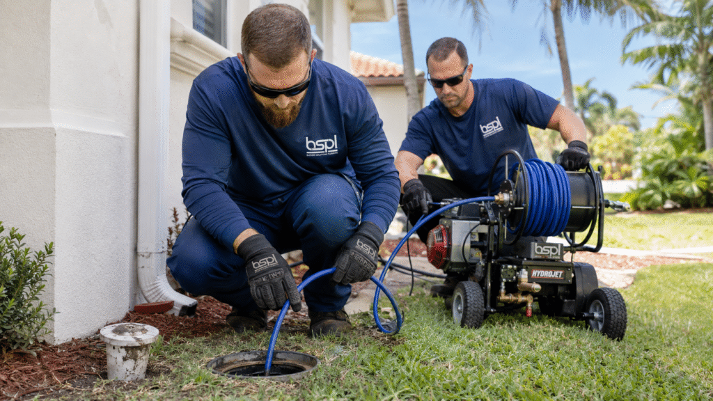 Blessed Solutions Plumbing technician explaining a drain inspection to a homeowner in Orlando FL