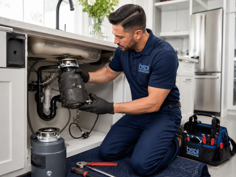 Plumber replacing a garbage disposal under a kitchen sink in Orlando, FL