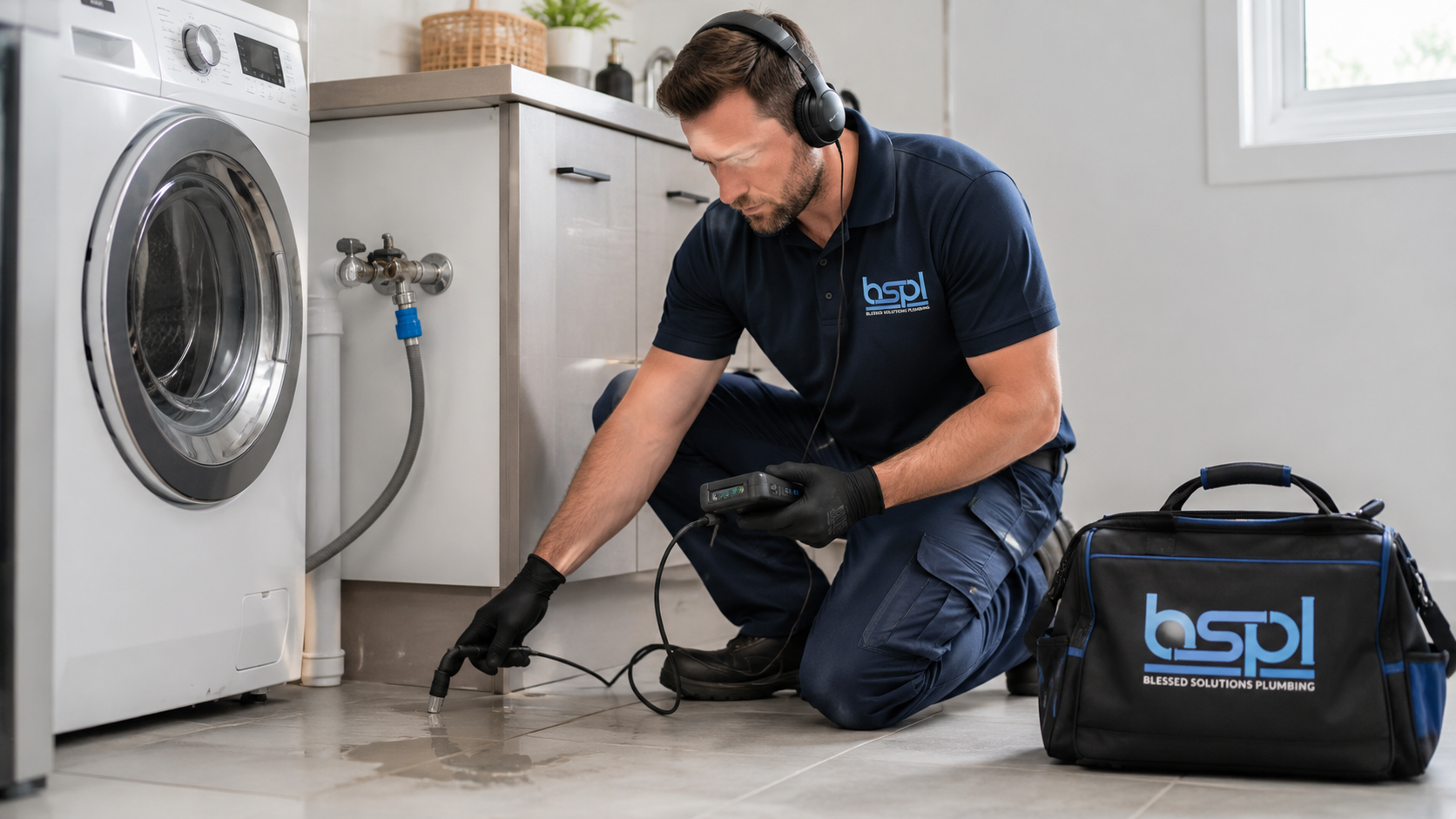 Blessed Solutions Plumbing technician performing slab leak detection in Orlando FL