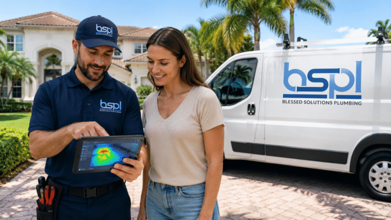 Blessed Solutions Plumbing technician performing underground leak detection in a yard in Central Florida
