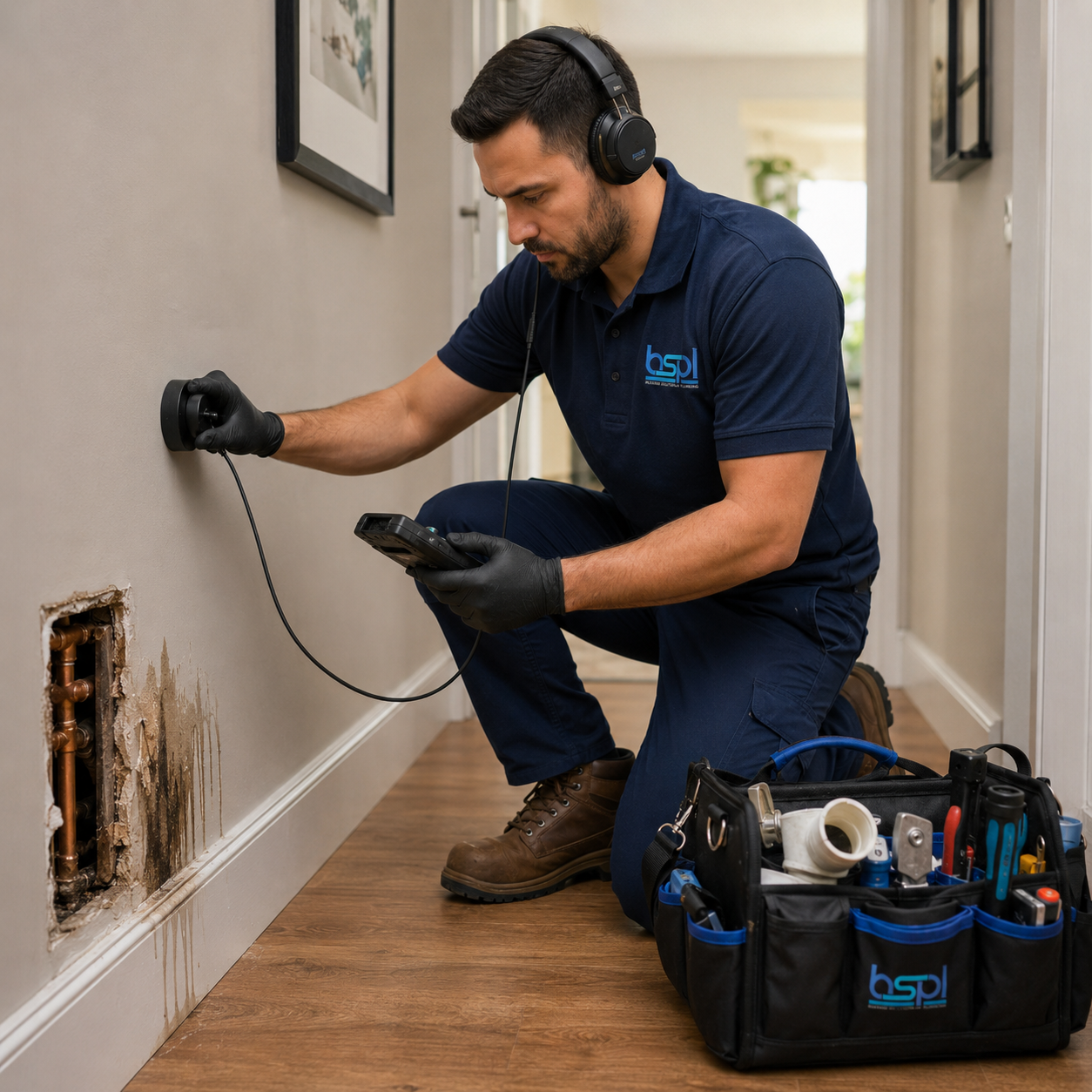 Blessed Solutions Plumbing leak detection team and service van at a home in Orlando FL
