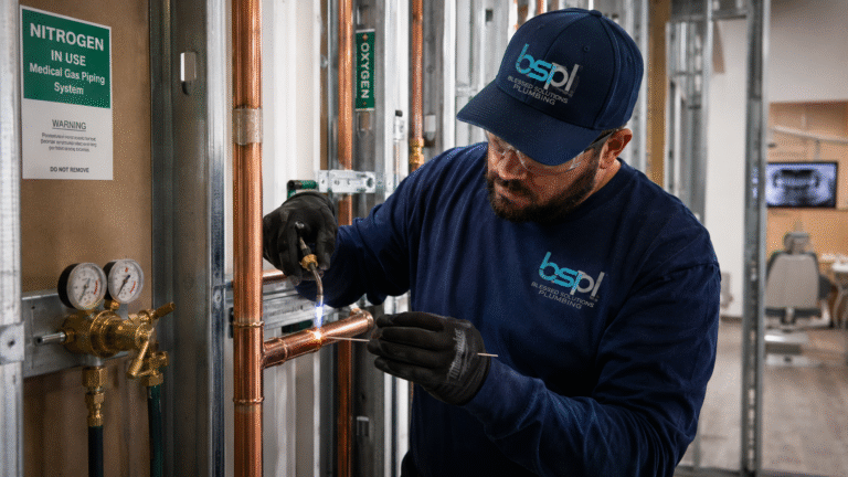 Blessed Solutions Plumbing team installing medical gas alarm panels in Central Florida