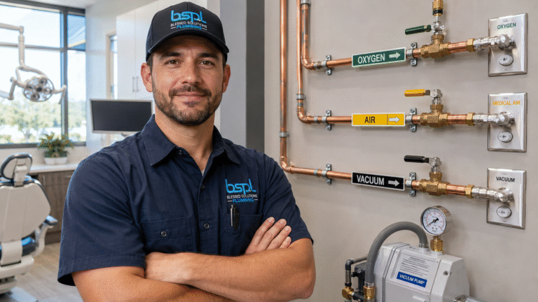 Two certified Blessed Solutions Plumbing technicians installing medical gas piping in Orlando FL