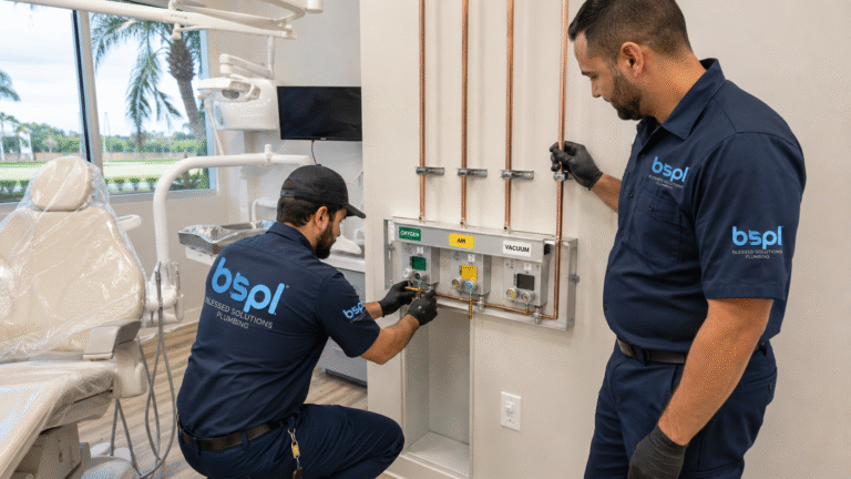 Blessed Solutions Plumbing technician reviewing medical gas installation plans with a facility manager in Orlando FL