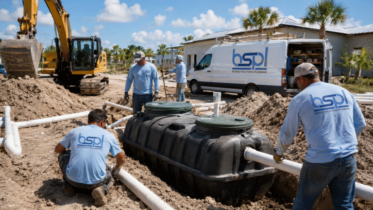 Two Blessed Solutions Plumbing technicians servicing a septic tank in Orlando FL