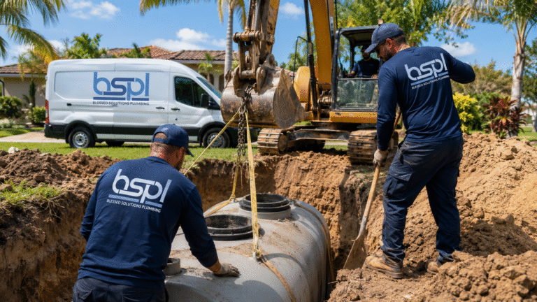 Blessed Solutions Plumbing technician pumping a residential septic tank in Orlando FL