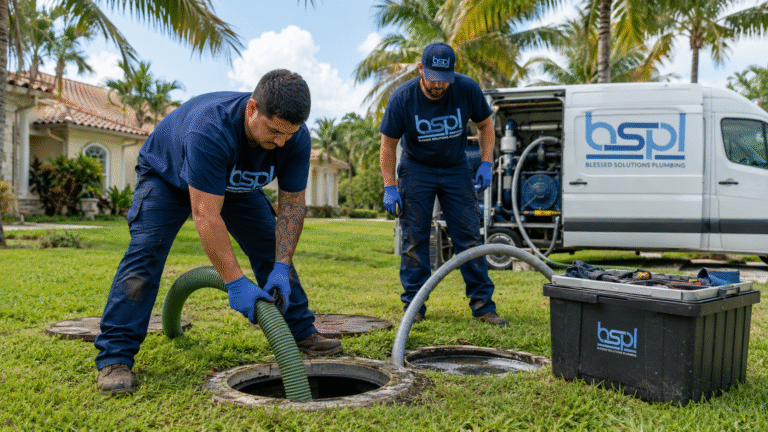 Blessed Solutions Plumbing technician explaining septic tank service to a homeowner in Orlando FL