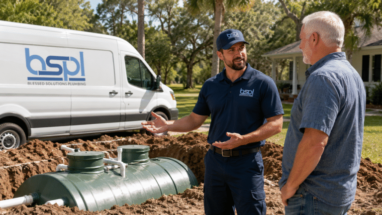 Blessed Solutions Plumbing branded service van providing septic tank service across Orlando, Kissimmee and St. Cloud FL