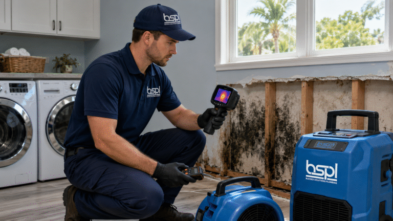 Blessed Solutions Plumbing technician responding to water damage from a burst pipe in Orlando FL