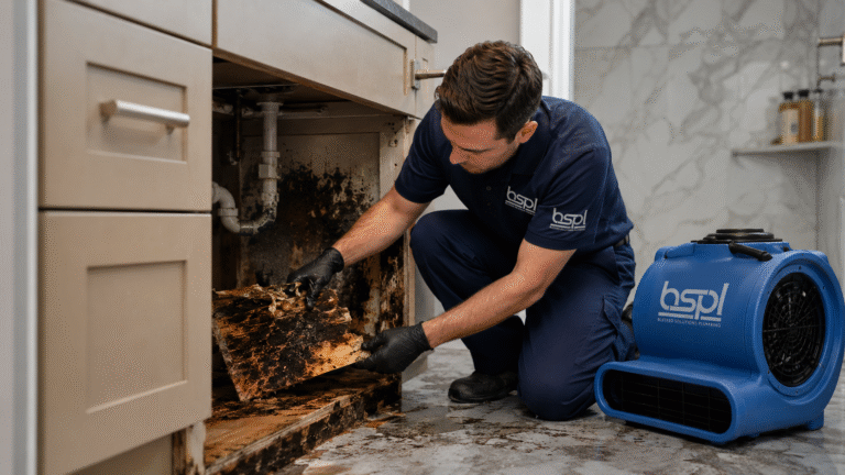 Two Blessed Solutions Plumbing technicians repairing water damage in an Orlando FL home