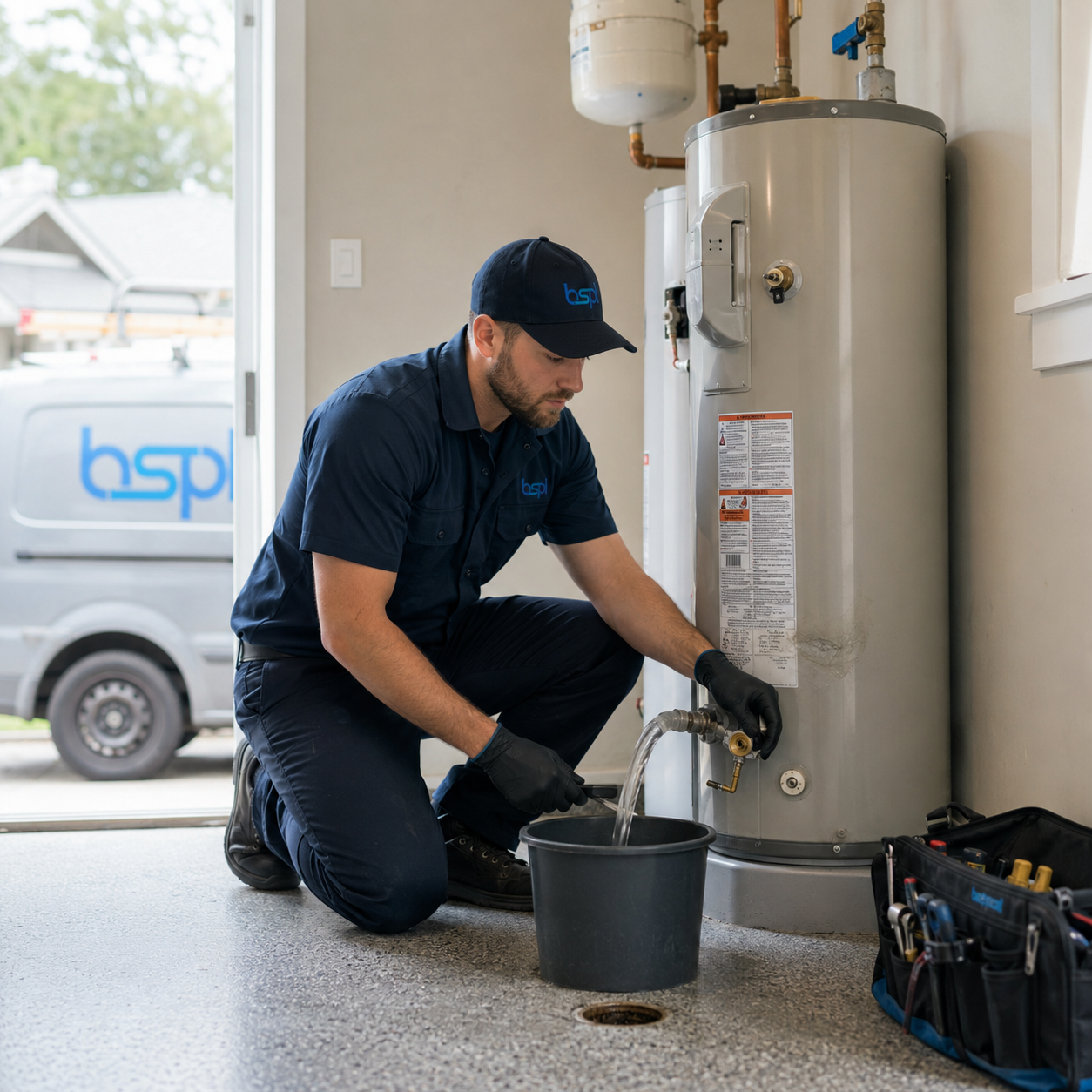 Blessed Solutions Plumbing technician performing tankless water heater maintenance next to a branded service van in Orlando FL