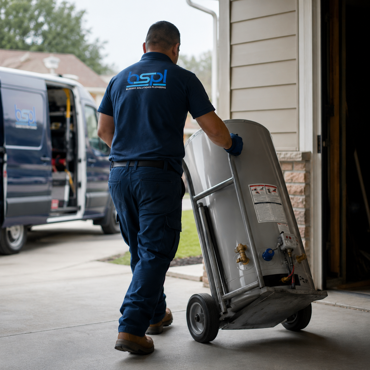 Blessed Solutions Plumbing branded van arriving for tankless water heater maintenance in Orlando FL