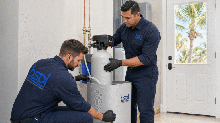 Licensed plumber handling water softener installation in Kissimmee FL