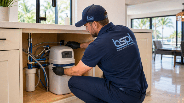 Blessed Solutions Plumbing technician performing water softener installation in Orlando FL