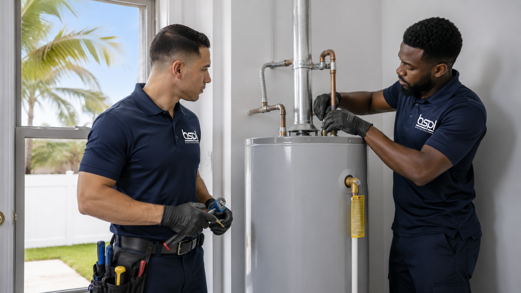 Blessed Solutions Plumbing technician explaining a drain inspection to a homeowner in Orlando FL