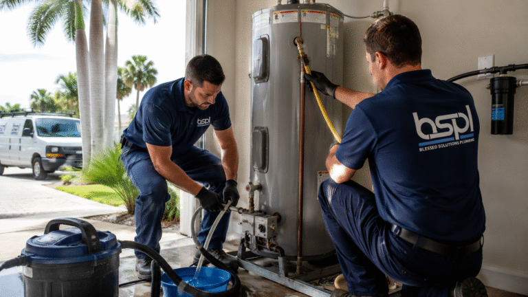 Technician cleaning the inlet water filter on a tankless water heater in St. Cloud FL