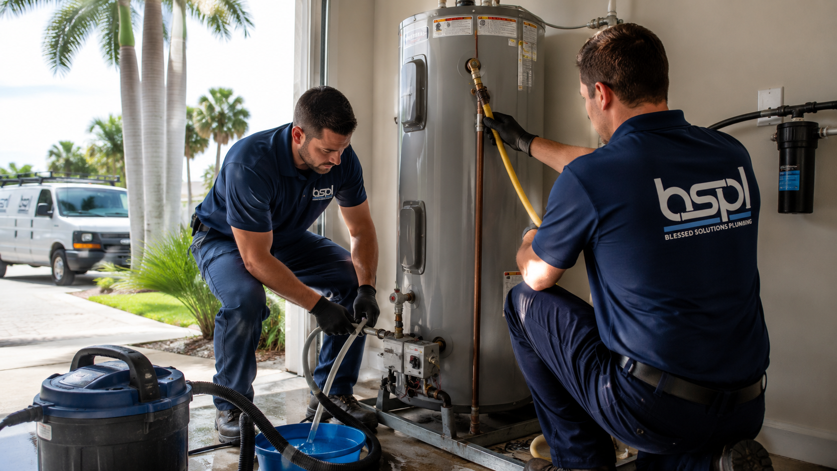 Technician cleaning the inlet water filter on a tankless water heater in St. Cloud FL
