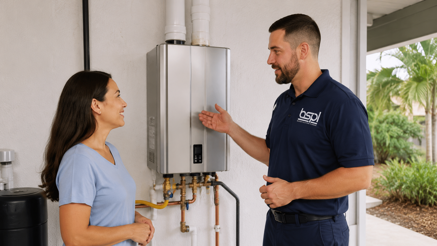 Plumber inspecting gas connections during tankless water heater maintenance in Kissimmee FL