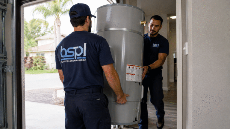 Blessed Solutions Plumbing team servicing a wall-mounted tankless water heater in Orlando FL