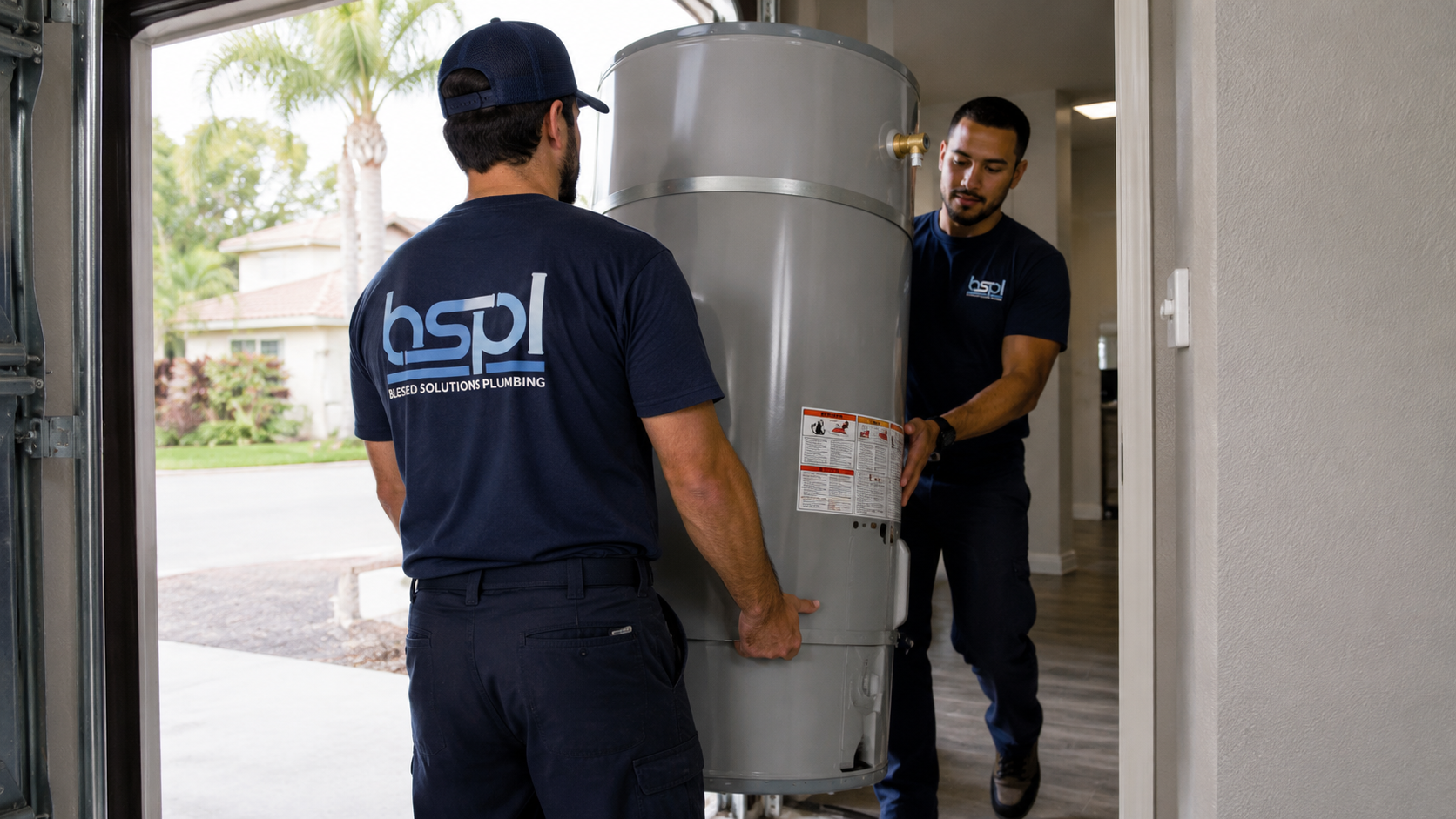 Blessed Solutions Plumbing team servicing a wall-mounted tankless water heater in Orlando FL