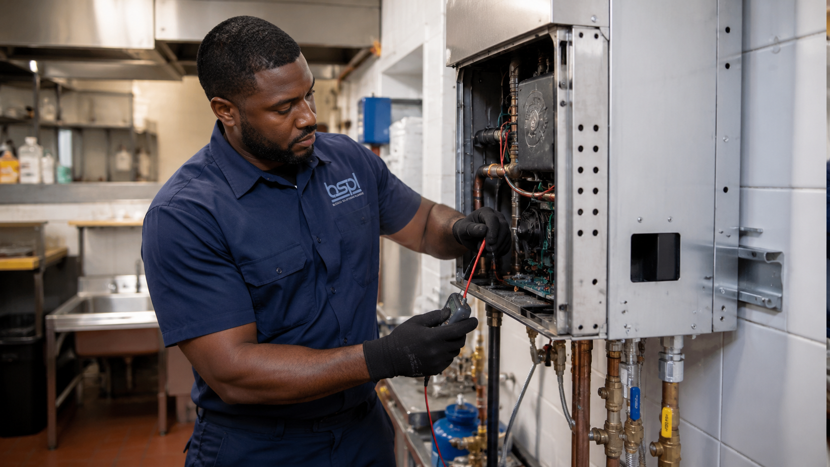 Licensed technician testing water temperature after tankless maintenance in Orlando FL