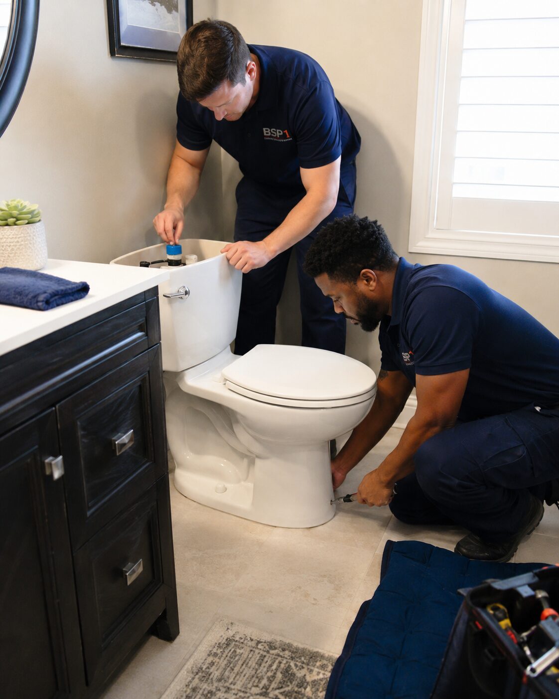 BSP1 plumbers installing a new toilet in Kissimmee, FL