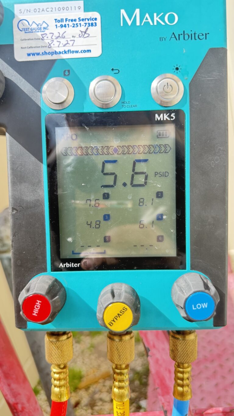 Certified backflow test gauge reading during an annual backflow preventer test - Blessed Solutions Plumbing, Orlando FL