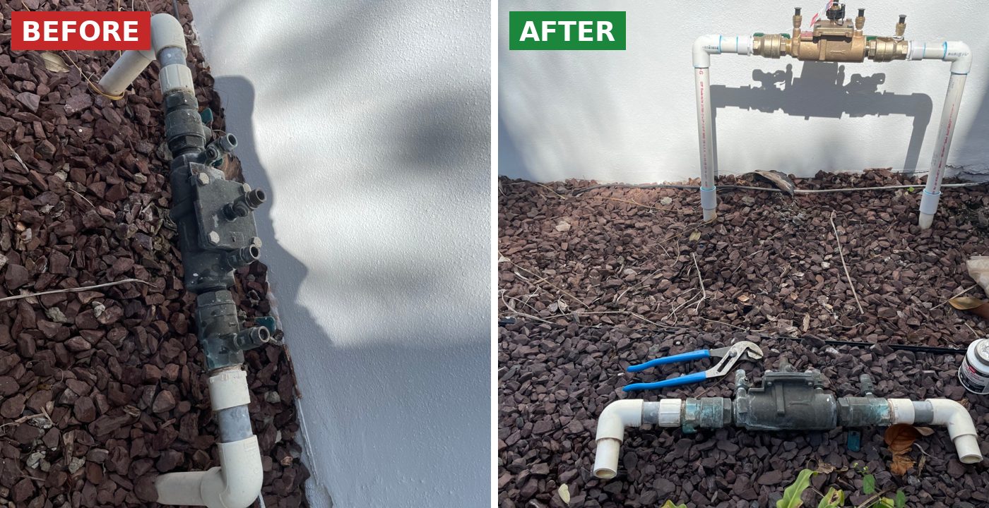 Before and after: Backflow preventer replaced by BSP1 Plumbing in Lake Nona, FL
