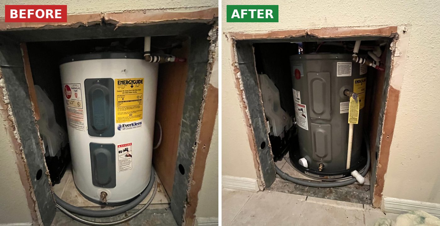 Before and after: Water heater in a tight closet replaced by BSP1 Plumbing in Orlando, FL