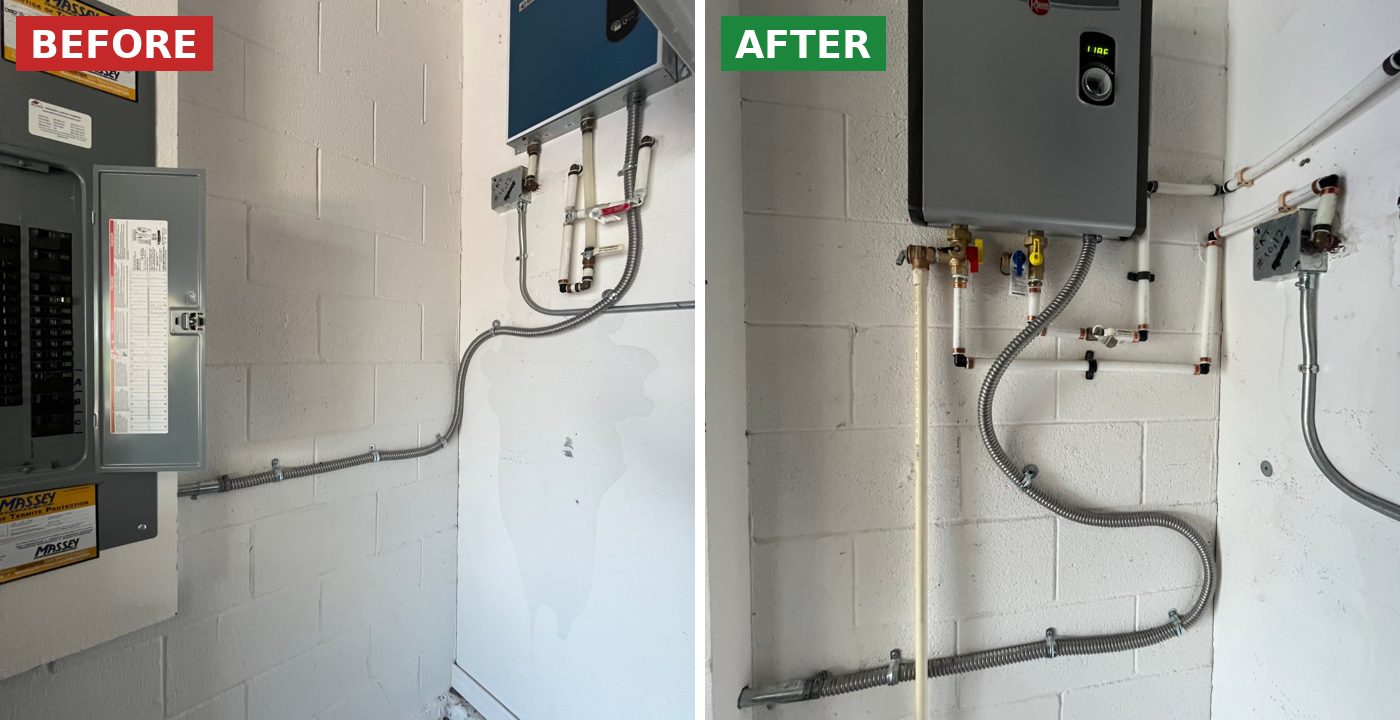 Before and after: Old unit replaced with a Rheem electric tankless water heater by BSP1 Plumbing in Kissimmee, FL