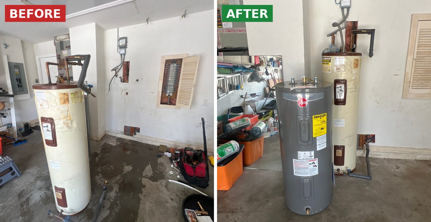 Before and after: Electric water heater replaced by BSP1 Plumbing in Orlando, FL