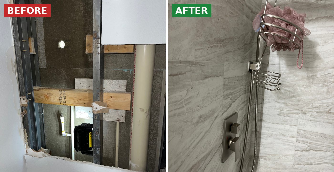 Before and after: Leak repaired behind the shower and wall closed by BSP1 Plumbing in Kissimmee, FL