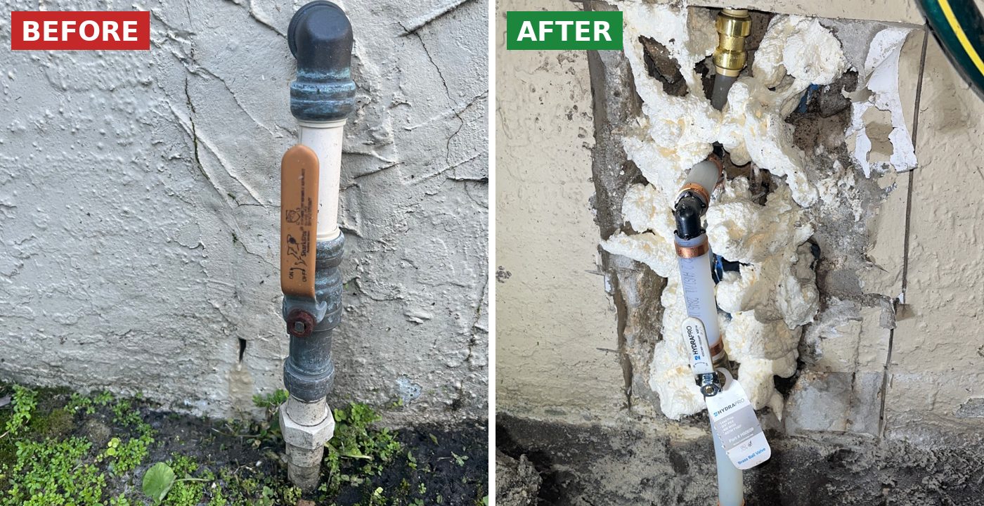 Before and after: Water leak inside the wall repaired by BSP1 Plumbing in Orlando, FL