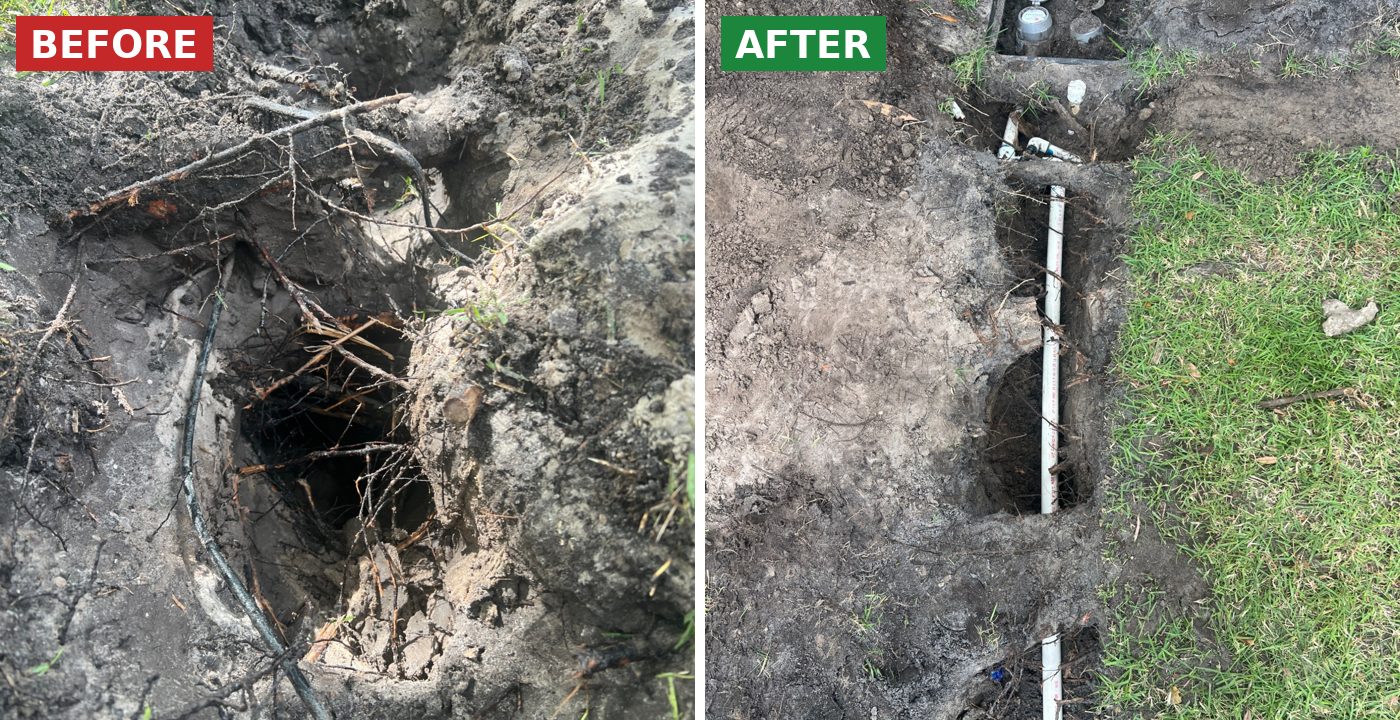 Before and after: Main water line damaged by tree roots replaced by BSP1 Plumbing in Lake Nona, FL