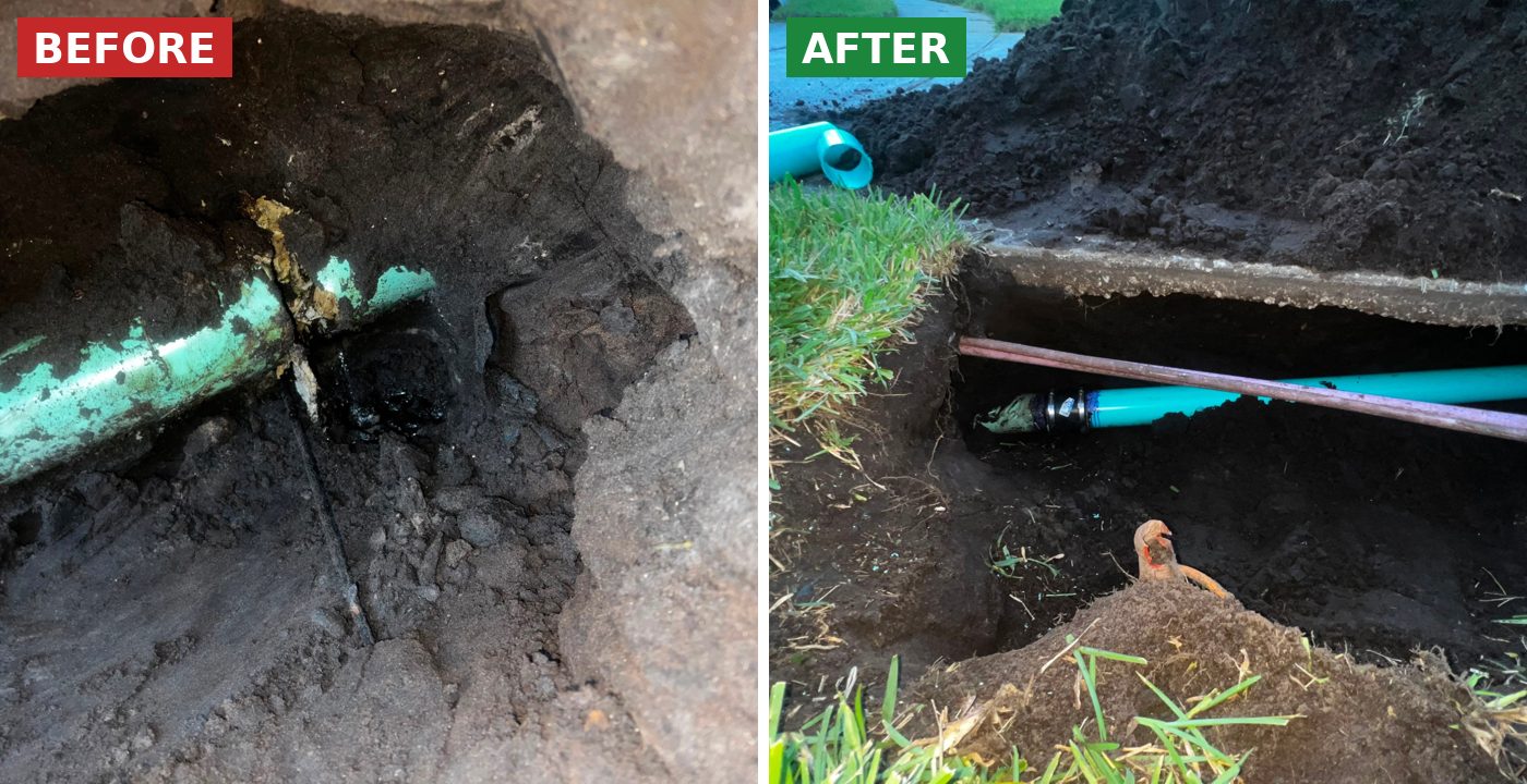 Before and after: Broken sewer line repaired by BSP1 Plumbing in Lake Nona, FL
