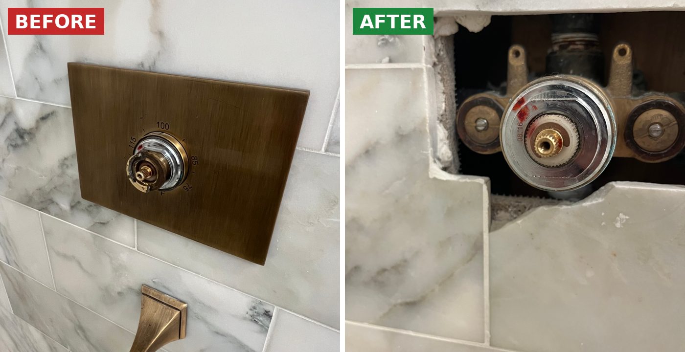 Before and after: Shower valve replaced and new trim installed by BSP1 Plumbing in Windermere, FL